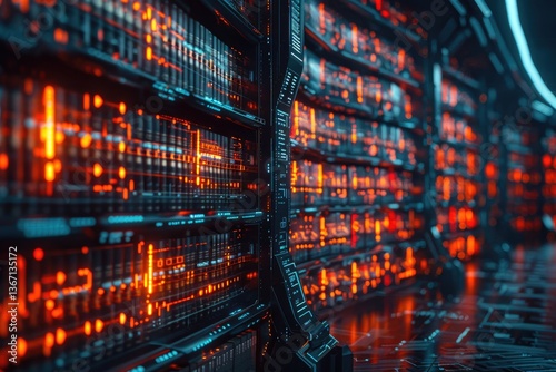 A futuristic server room featuring glowing lights and data panels