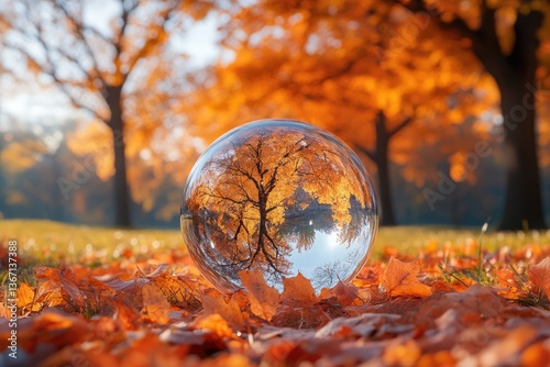 A glass sphere reflects a fall landscape in the park