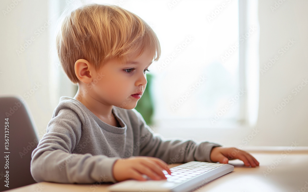 Blonde caucasian toddler focused on typing at desk Blonde caucasian toddler focused on typing at desk