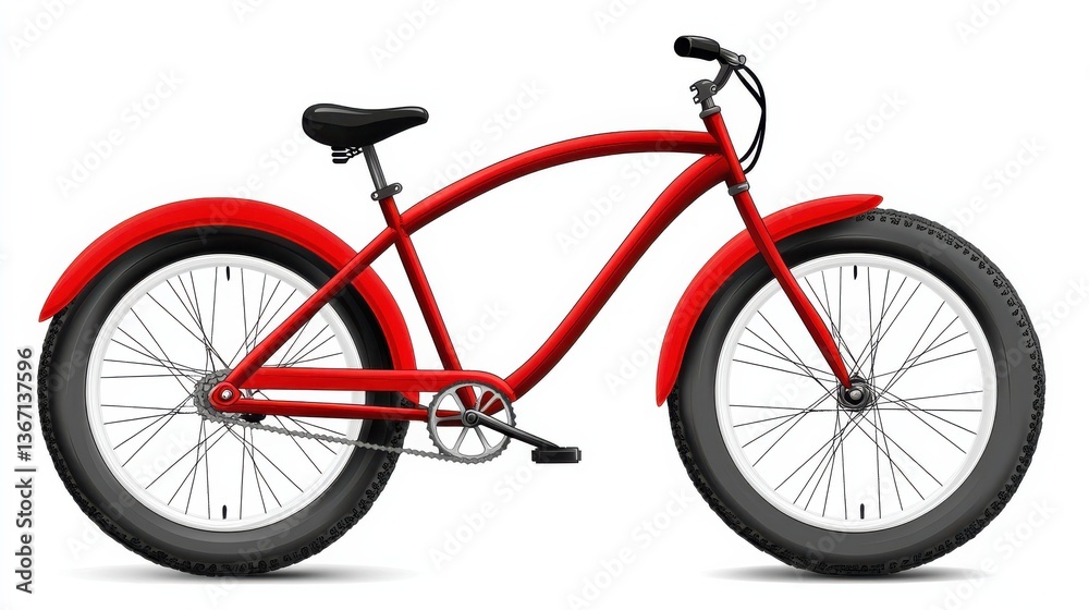 Fototapeta premium Red bicycle with black tires, isolated on white background. illustration