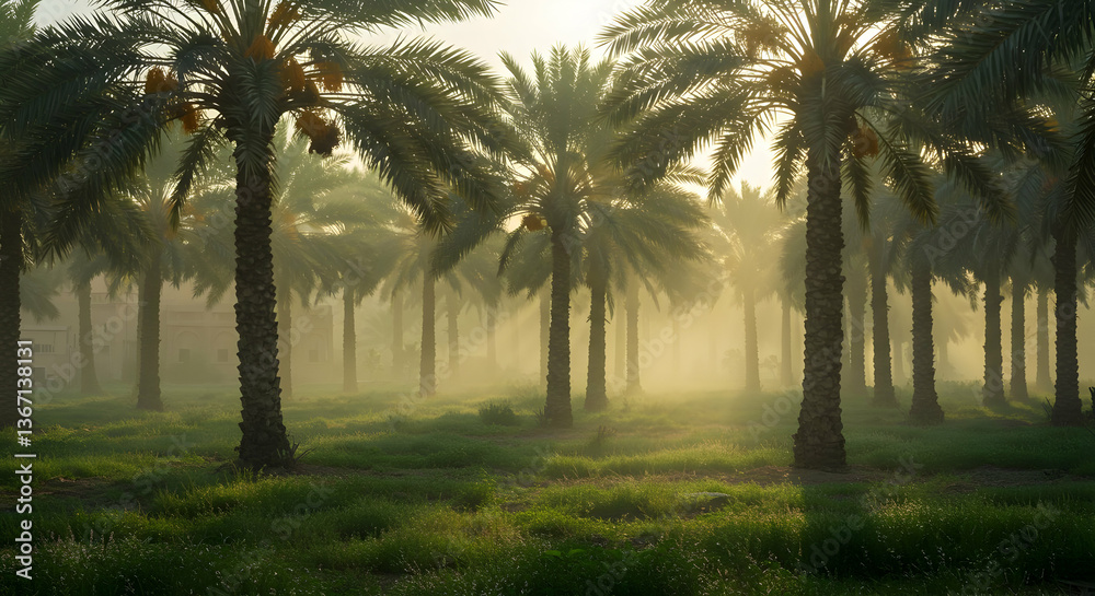 Sunrise Through Misty Date Palm Grove Sunrise Through Misty Date Palm Grove