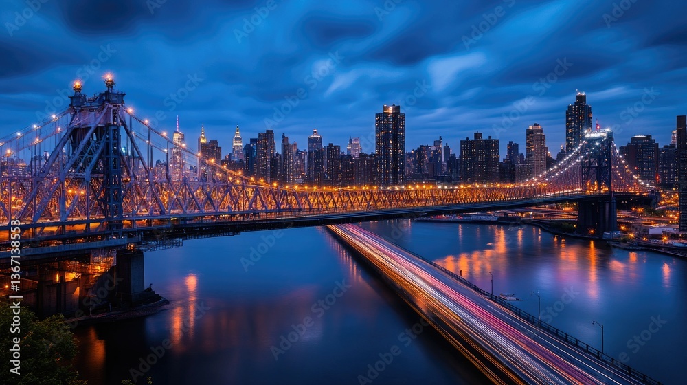 Fototapeta premium A stunning long exposure shot of the Queensboro Bridge at blue hour, with light trails weaving through the scene, framed by a dynamic city skyline view