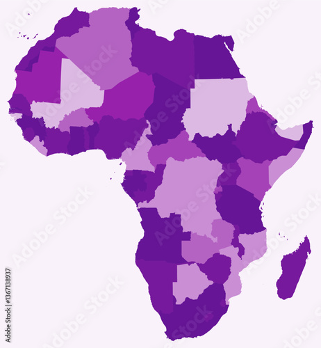 Map of Africa with countries. Just a simple continent border map with country division. Purple color palette. Blank Africa shape with administrative division. Vector illustration.