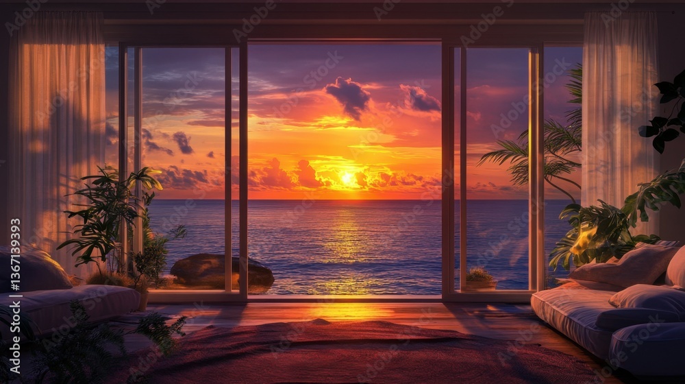 Fototapeta premium Cozy living room with ocean sunset view through large glass doors