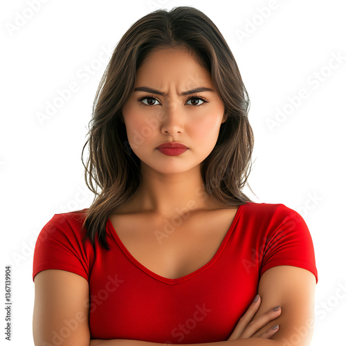 A Woman with an Annoyed Look Wearing a Red Shirt and Crossed Arms Isolated on Transparent Background