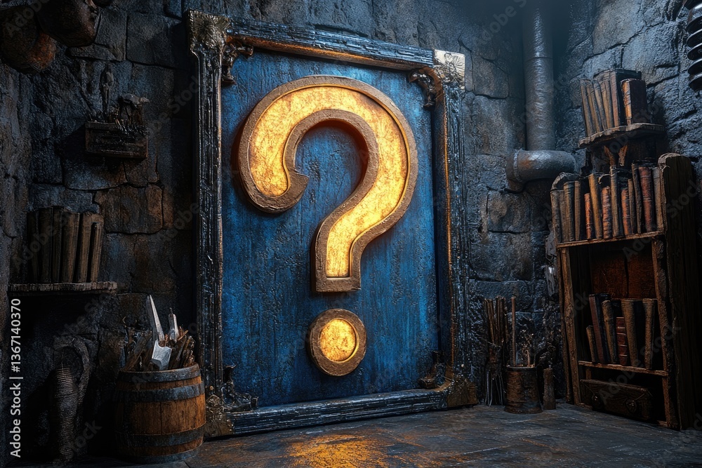 A Glowing Question Mark Inscribed Within a Decorative Picture Frame