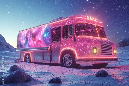 A glowing pink bus with a starry galaxy sky on it