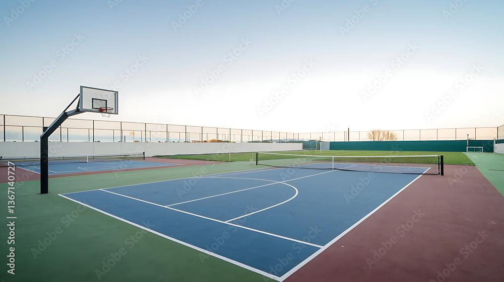Obraz premium Empty outdoor sports courts with basketball hoop and tennis courts