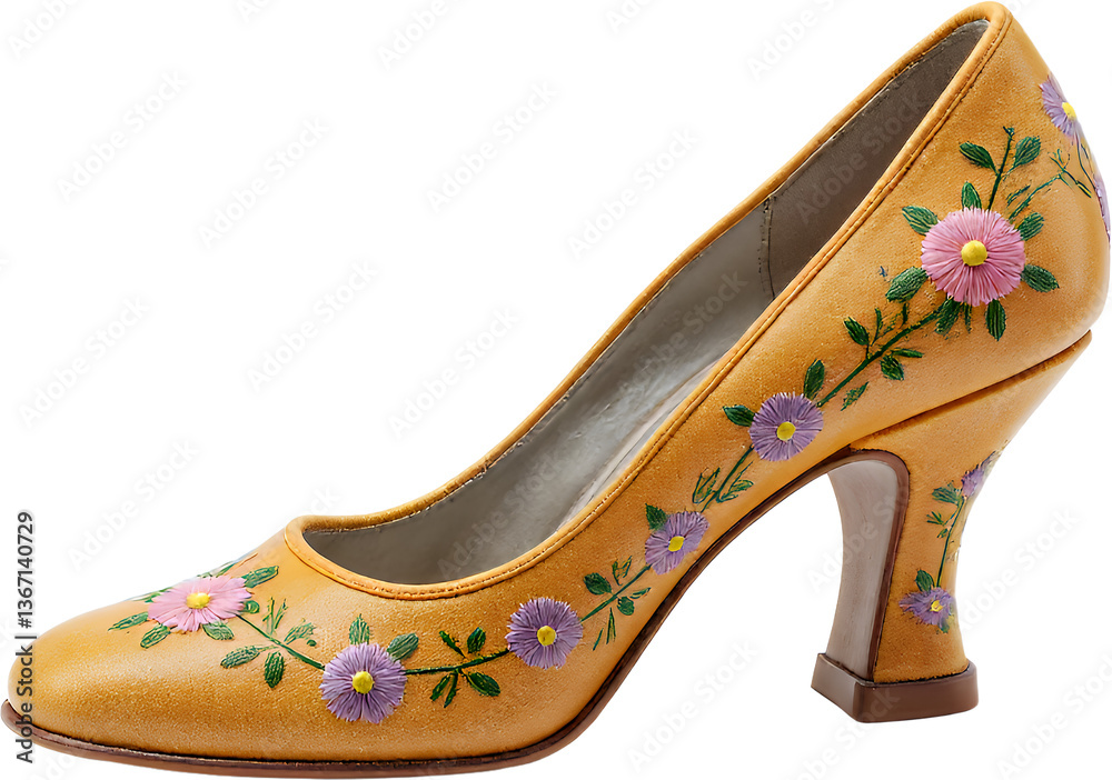 Obraz premium Embroidered floral high heel shoe, transparent background.