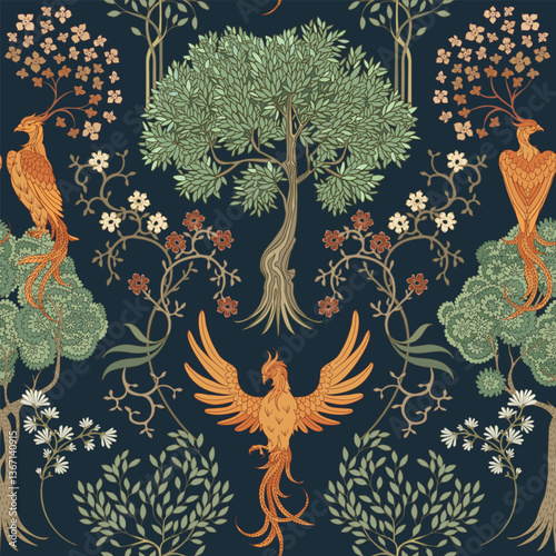 Fairytale forest with phoenixes. Seamless pattern.