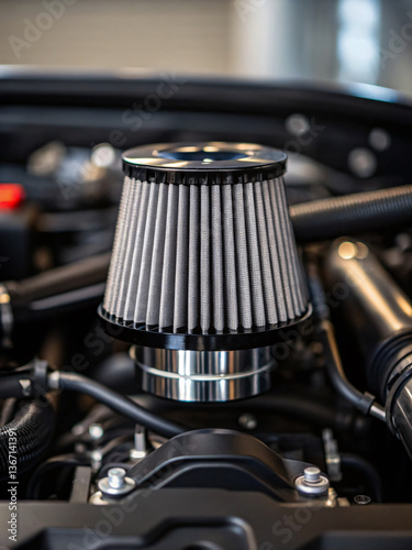 Close-Up of a High-Performance Air Filter in a Modern Car Engine Bay