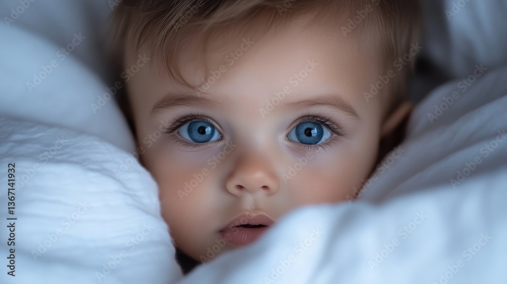 Baby peeking out from under white sheets Baby peeking out from under white sheets