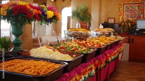 A vibrant Mexican buffet spread with colorful enchiladas, rice, beans, and salsa, surrounded by festive decorations creating a lively, celebratory atmosphere