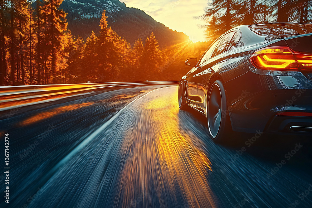 Fototapeta premium A sleek, dark sedan speeds along a winding mountain road, ideal for automotive ads, travel brochures, or adventure-themed promotional materials. Captures the essence of freedom and exploration.