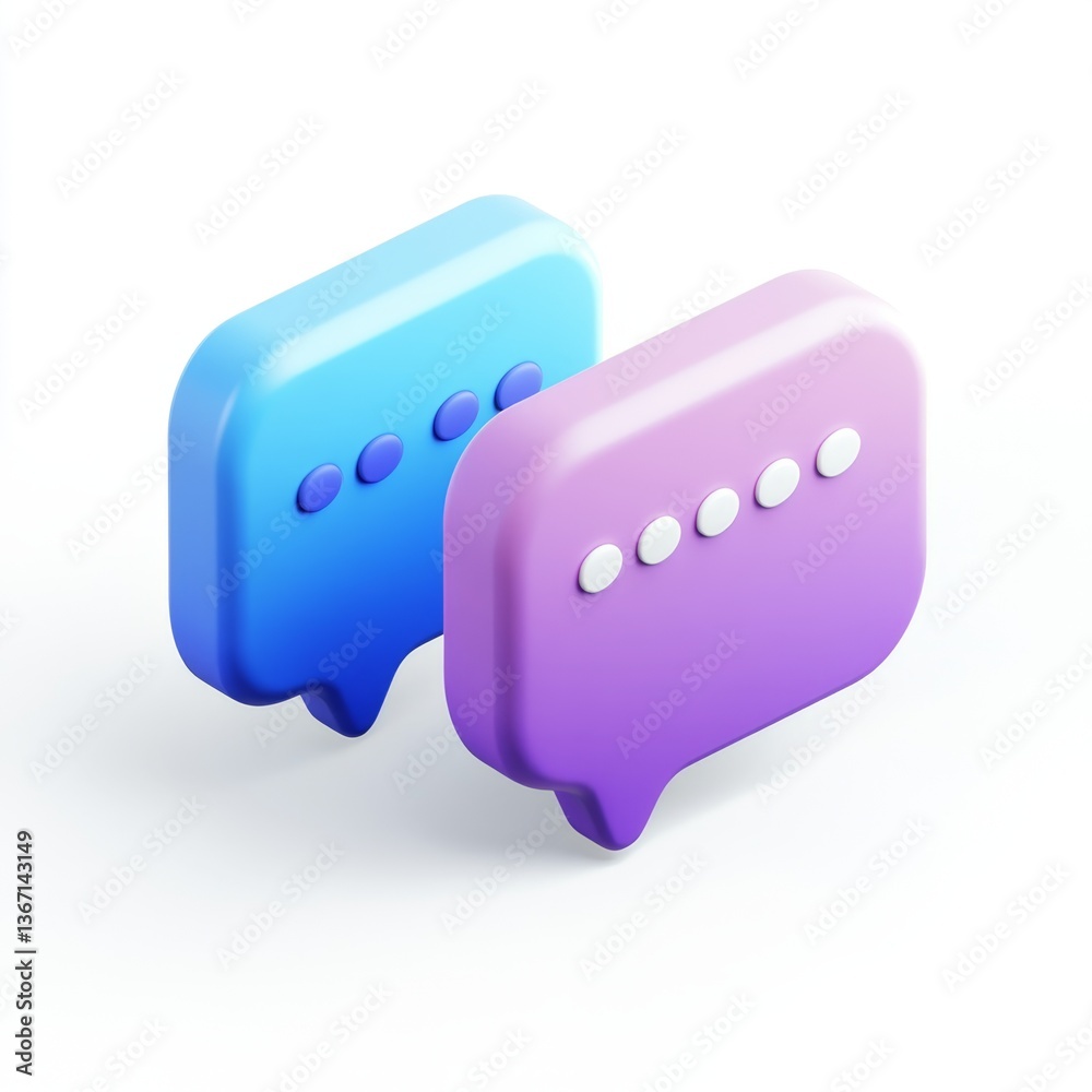Fototapeta premium Two 3D communication icons, light purple and light blue, isolated on white background