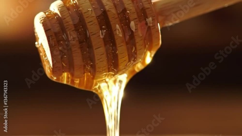 Honey dripping from a wooden dipper against a golden background  