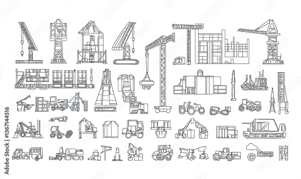 Obraz premium Collection of construction and industrial machinery line drawings. Various types of cranes, loaders, trucks, excavators, and other equipment are depicted