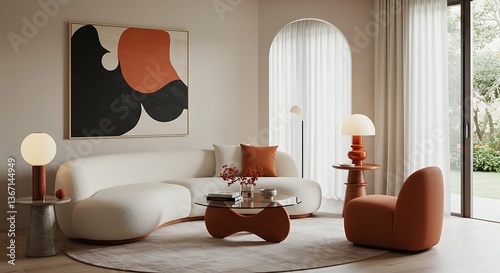 Minimalist, japandi interior design of modern living room with accent armchair.
