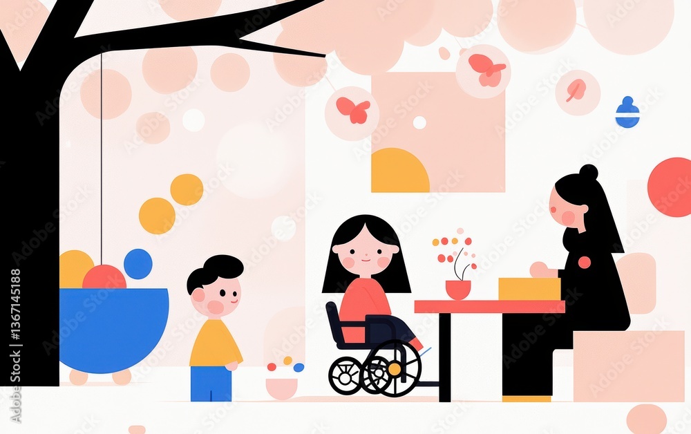 A colorful, playful illustration depicting a boy, a girl in a wheelchair, and a woman engaging in a cheerful outdoor scene under a tree. A colorful, playful illustration depicting a boy, a girl in a wheelchair, and a woman engaging in a cheerful outdoor scene under a tree.