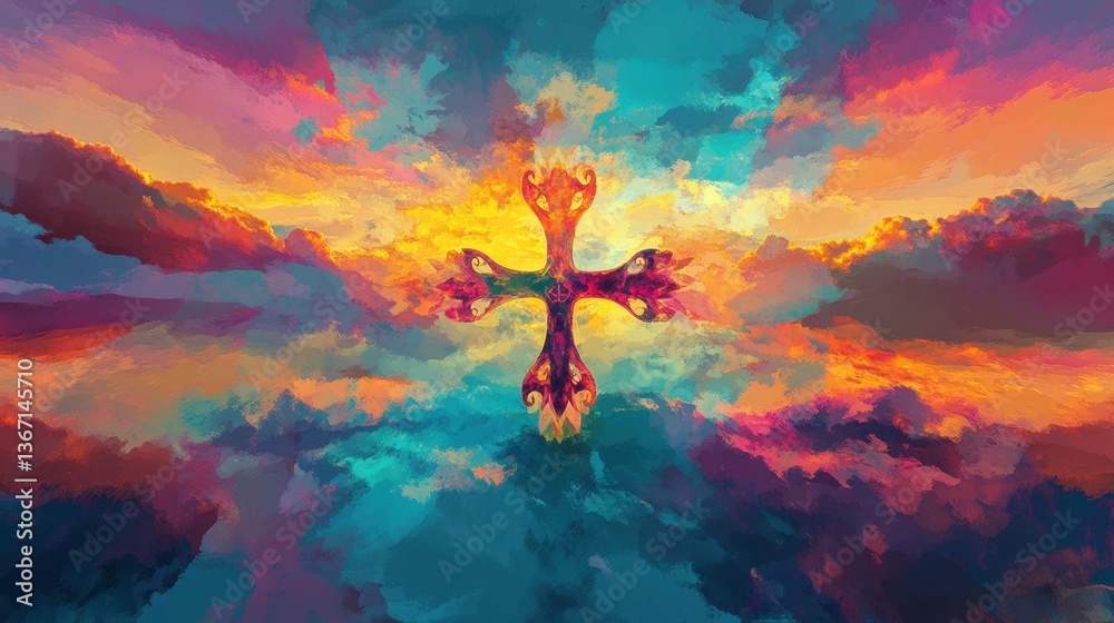 Fototapeta premium Christian easter. Conceptual religious symbol on a colorful sky at sunset. Generative AI