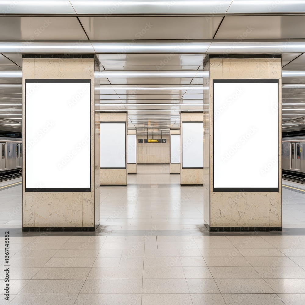 Fototapeta premium A modern subway station interior featuring empty advertising panels and a clean, spacious layout.