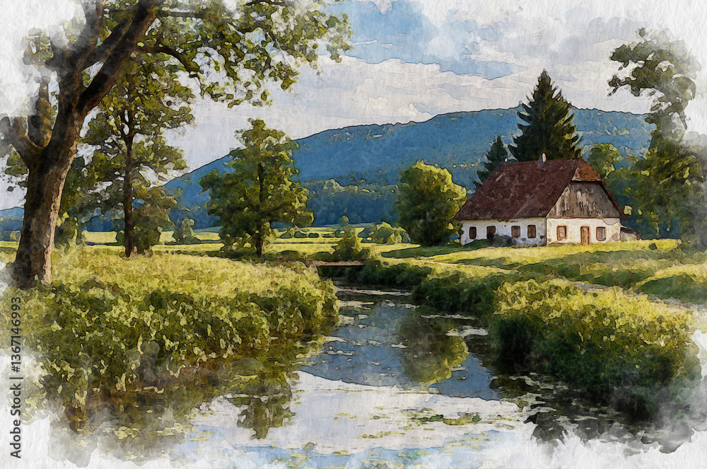 Naklejka premium Summer village landscape, house, field and trees. Watercolor illustration generated by AI.