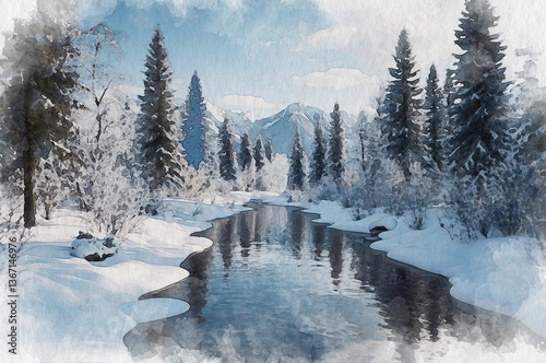 Wallpaper Mural Winter landscape, river and trees. Watercolor illustration generated by AI. Torontodigital.ca