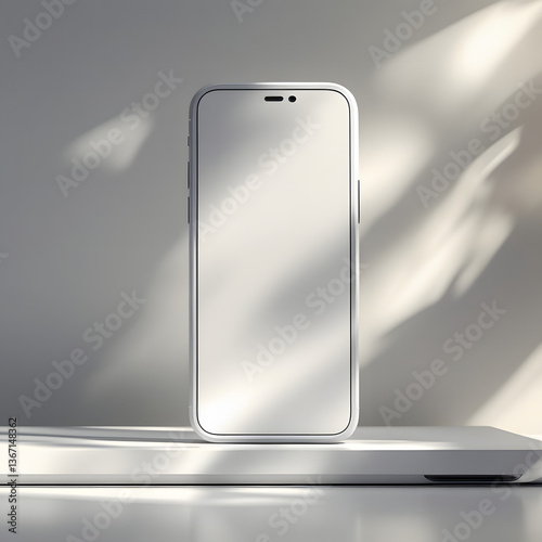 Sleek Smartphone Showcase: A modern smartphone stands tall on a minimalist surface, capturing the play of light and shadow, highlighting the elegance of the device.