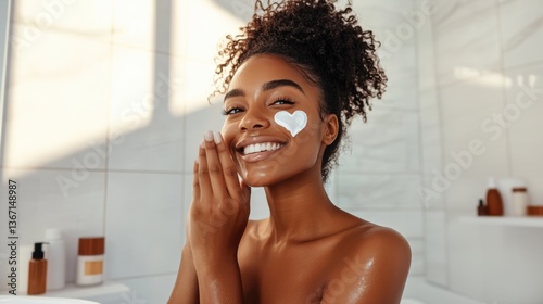 Wallpaper Mural Black African young woman, glowing flawless skin, fresh look, smile, heart-shaped sunscreen SPF cream smear on cheek, protection, bathroom background, skincare, self-care, protection, banner moisture Torontodigital.ca