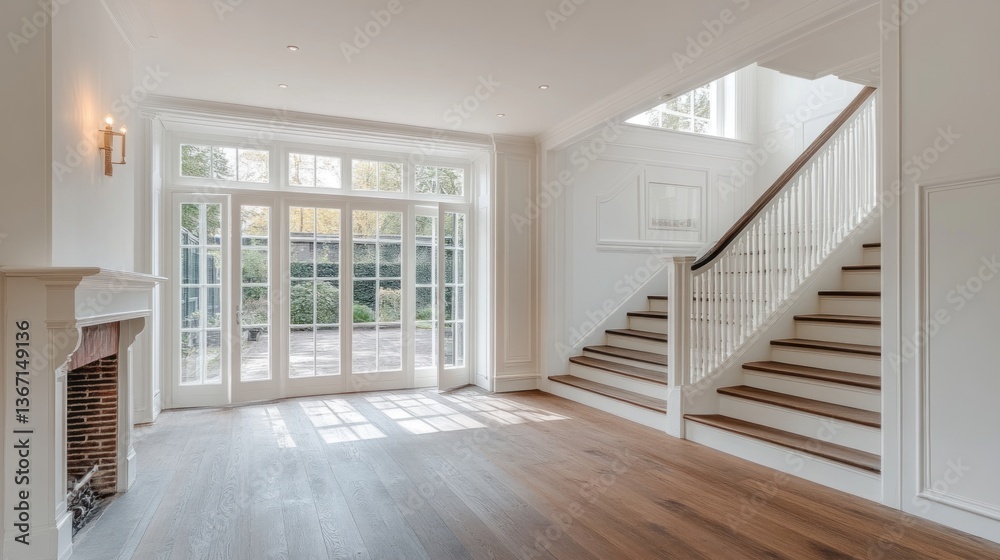 Fototapeta premium An elegant and spacious interior featuring stairs and a fireplace