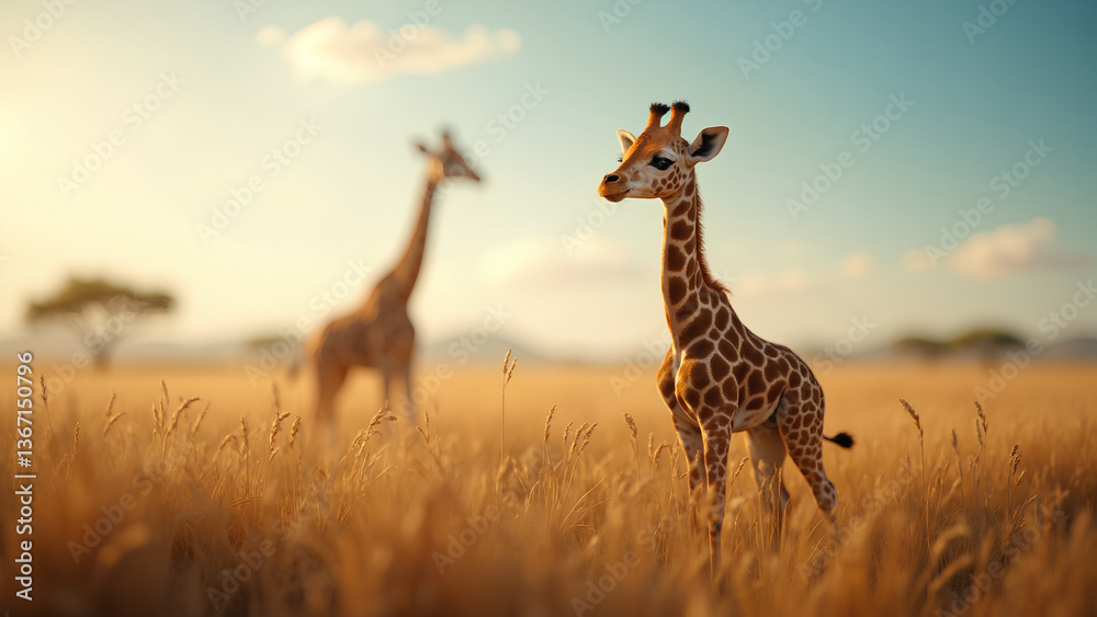 Obraz premium serene scene featuring two giraffes in golden field, basking in warm sunlight. tall grasses sway gently in breeze, creating peaceful atmosphere in savanna landscape