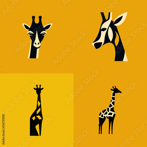 Stylized giraffe vector illustrations in flat minimalist design, elegant animal graphics perfect for logos, branding, educational media, and modern digital artwork.

 photo