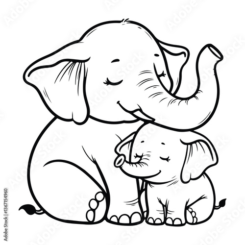 line art of baby elehant cuddles her mother cartoon vector