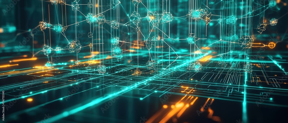 Fototapeta premium Futuristic digital network visualization with glowing teal and orange nodes and connections