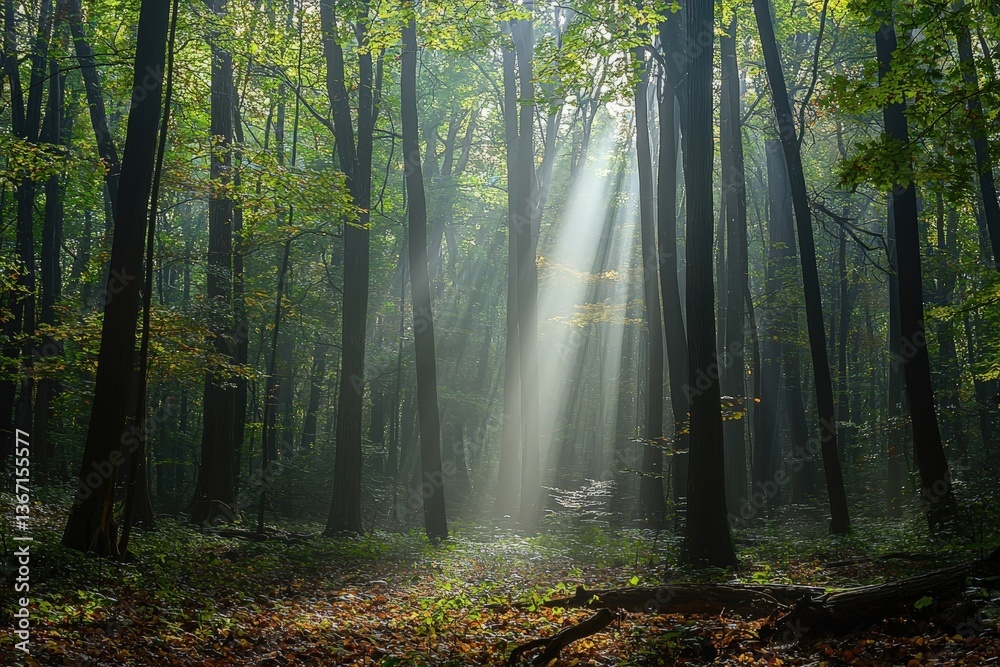 Obraz premium Sunlit forest canopy with lush green foliage and soft shadows on leaf-covered ground