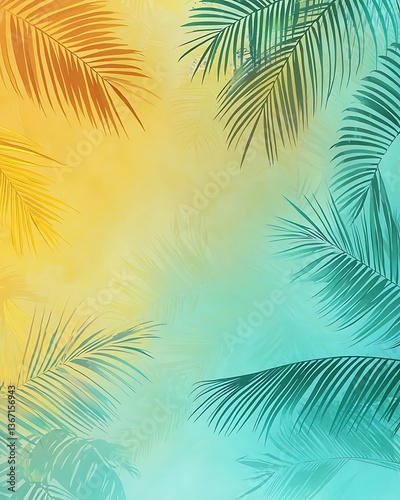 A tropical scene with palm trees and a blue sky