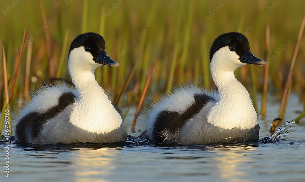 Fototapeta premium Two Ducklings Swimming Calmly in a Lake with Marsh Grass and Reflections Early in the Day