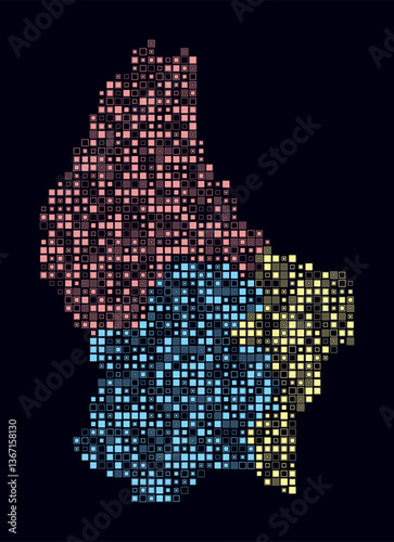 Luxembourg, shape of the country build of colored cells. Digital style map of the Luxembourg on dark background. Small size square blocks. Trending vector illustration.