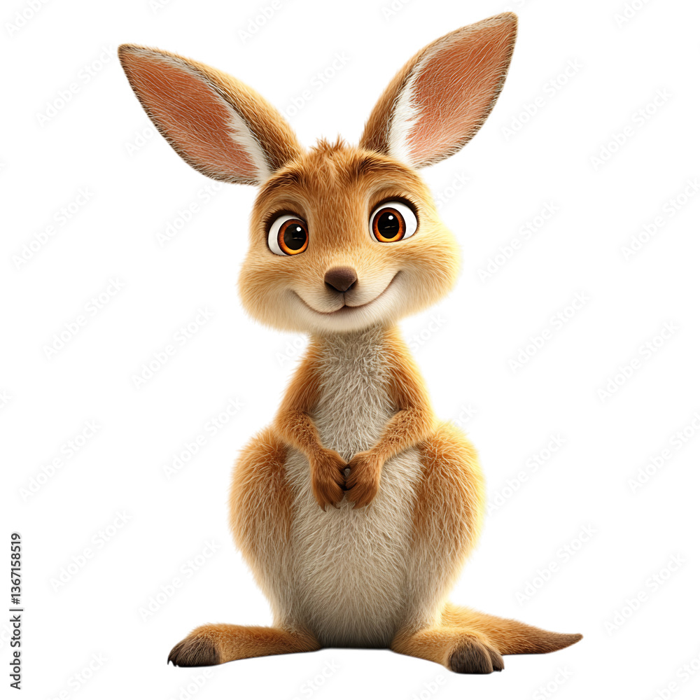 A Fluffy 3D Cartoon Kangaroo with Glowing Pouch Isolated on Transparent Background