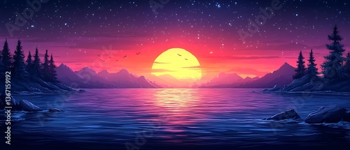 A beautiful landscape depicting a sunset over a tranquil lake