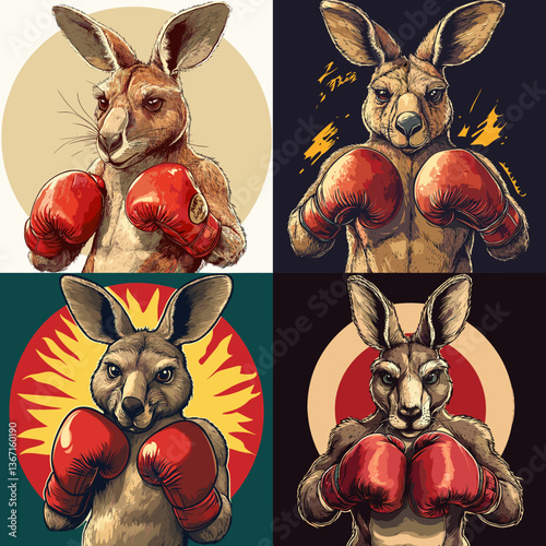 Strong kangaroo illustrations in boxing poses with red gloves and fierce expressions. Perfect for sports posters, mascots, t-shirt designs, gym branding, and animal character art.

