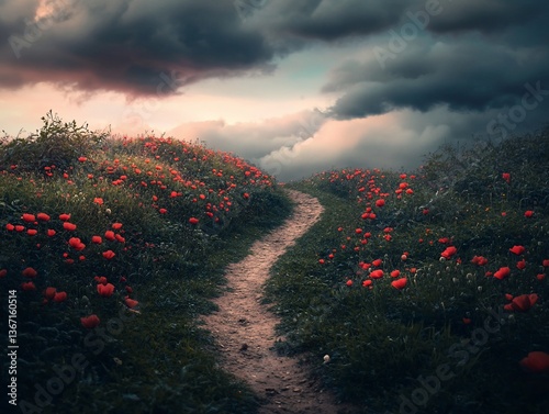 Serene path winding through a vibrant poppy field under a dramatic sky.