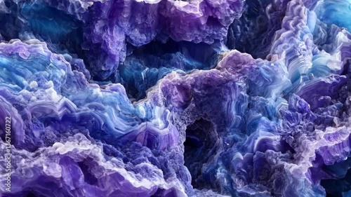 A close-up view of a colorful Sugilite agate stone, showcasing swirling patterns in shades of purple, blue, and white. The intricate textures and layers create a mesmerizing visual effect.
