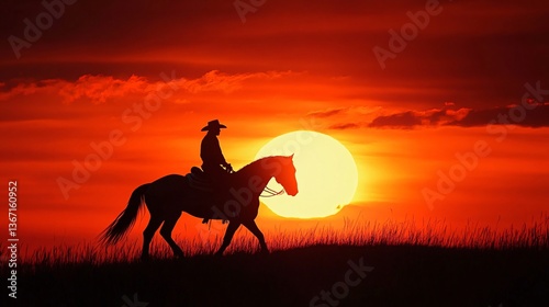 Cowboy rides horse at sunset, prairie background. Western scene, ideal for film, book cover
