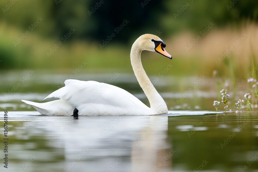 Fototapeta premium Mute swan swimming on a calm lake with reflections