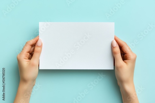 Female hands holding blank white paper sheet on light blue background. Top view. Mockup paper with copy space for text