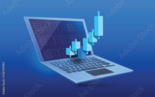Candlestick charts are climbing from low to high on computer laptop indicating profitable trading of stocks or cryptocurrencies, vector 3d isolated for making media about stock trading investment