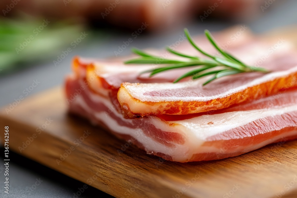 Slices of delicious raw bacon with rosemary lying on a wooden cutting board Slices of delicious raw bacon with rosemary lying on a wooden cutting board
