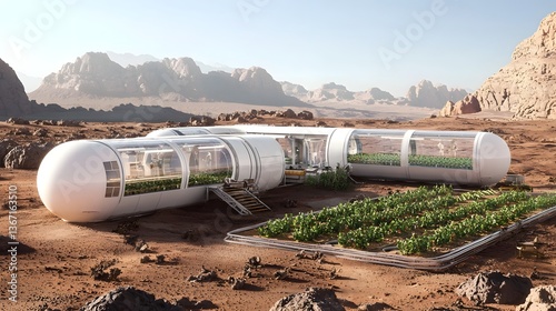 Futuristic greenhouse on Mars using advanced hydroponic systems and technology to efficiently grow crops and produce food in a sustainable