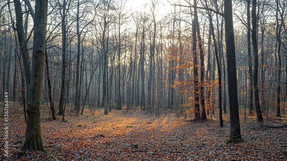 Fototapeta premium Serene autumn forest with tall trees and orange leaf carpet in soft sunlight